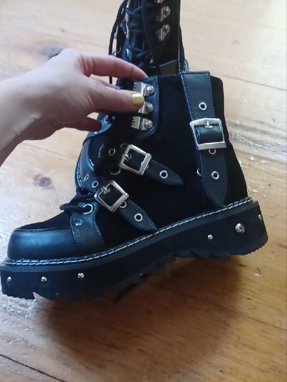 DEMONIA Lilith-278 Black Vegan Leather Suede Platform Buckle Boots - Picture 2 of 6